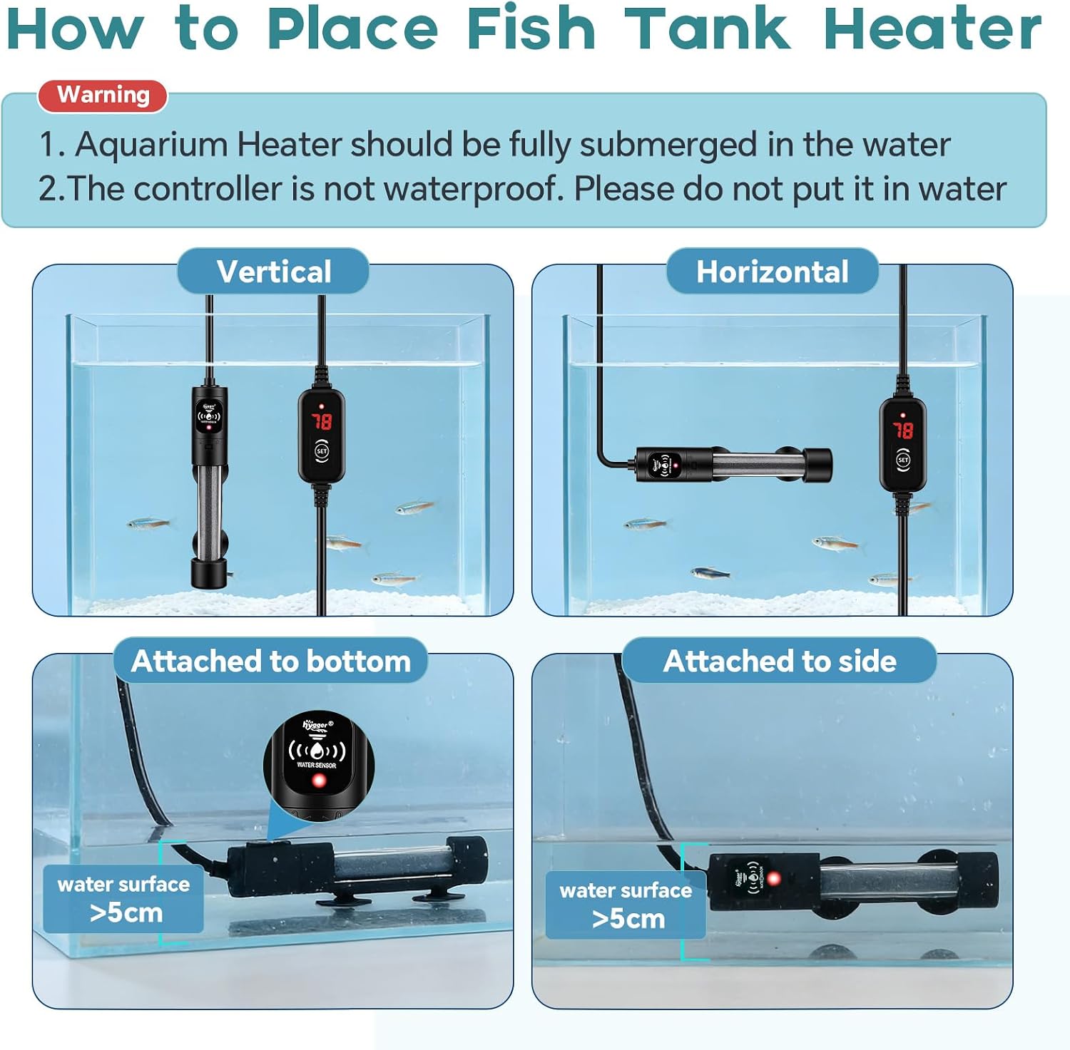 Submersible Aquarium Heater, Small Adjustable Fish Tank Heater with 2 Suction Cups, Temperature Controller