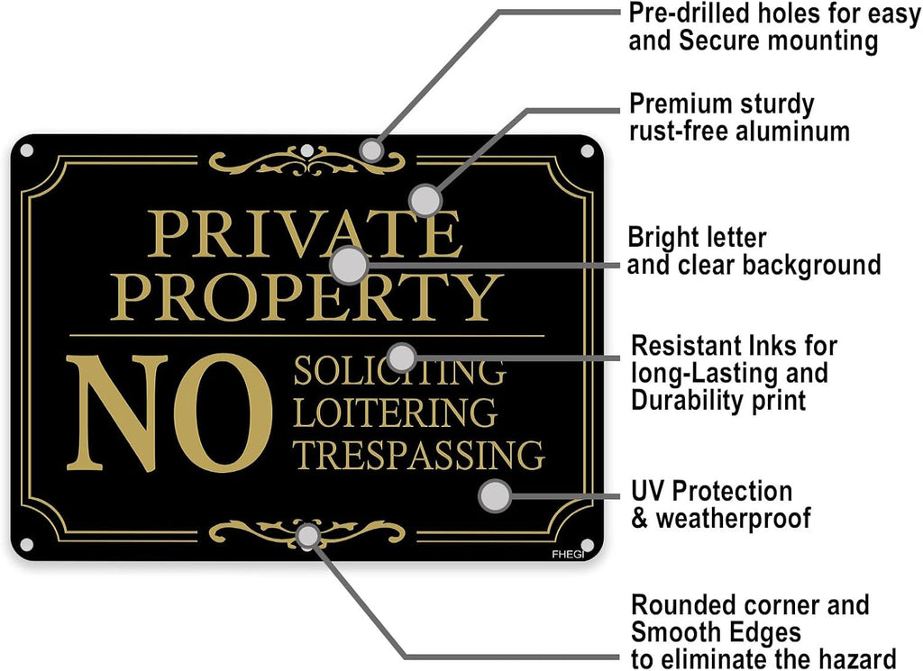 Private Property Sign, No Soliciting/No Loitering/No Trespassing/Warning Metal Signs, 2 Pack10 x 7 Inches Rust Free