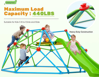 Climbing Dome with Slide Max Load 440Lbs, 8FT Jungle Gym Monkey Bar for Backyard, 2 in 1 Outdoor Climbing Frame Toys