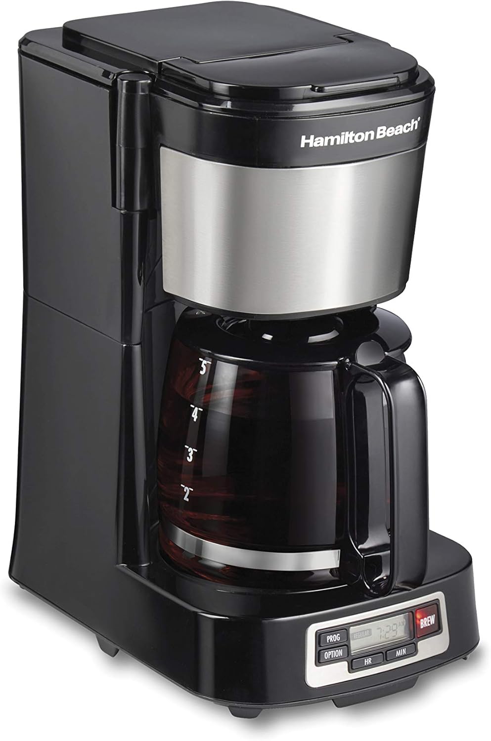 5 Cup Drip Coffee Maker with Easy FrontFill Basket | Compact Design | Programmable Clock | Glass Carafe | Auto Pause