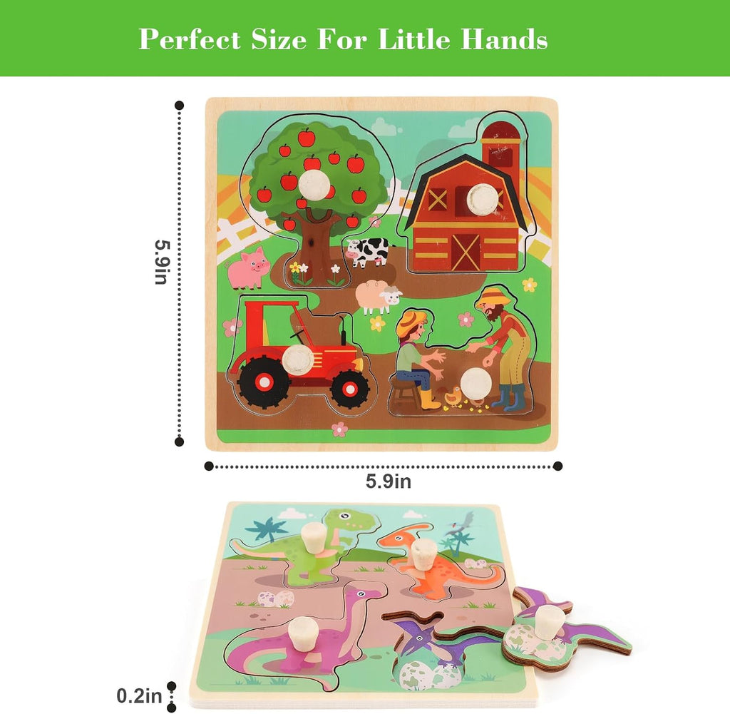 Wooden Peg Puzzles for Toddlers 1-3, Kids' Educational Preschool Peg Puzzle Toy, Set of 4 Toddler Puzzles - Farm