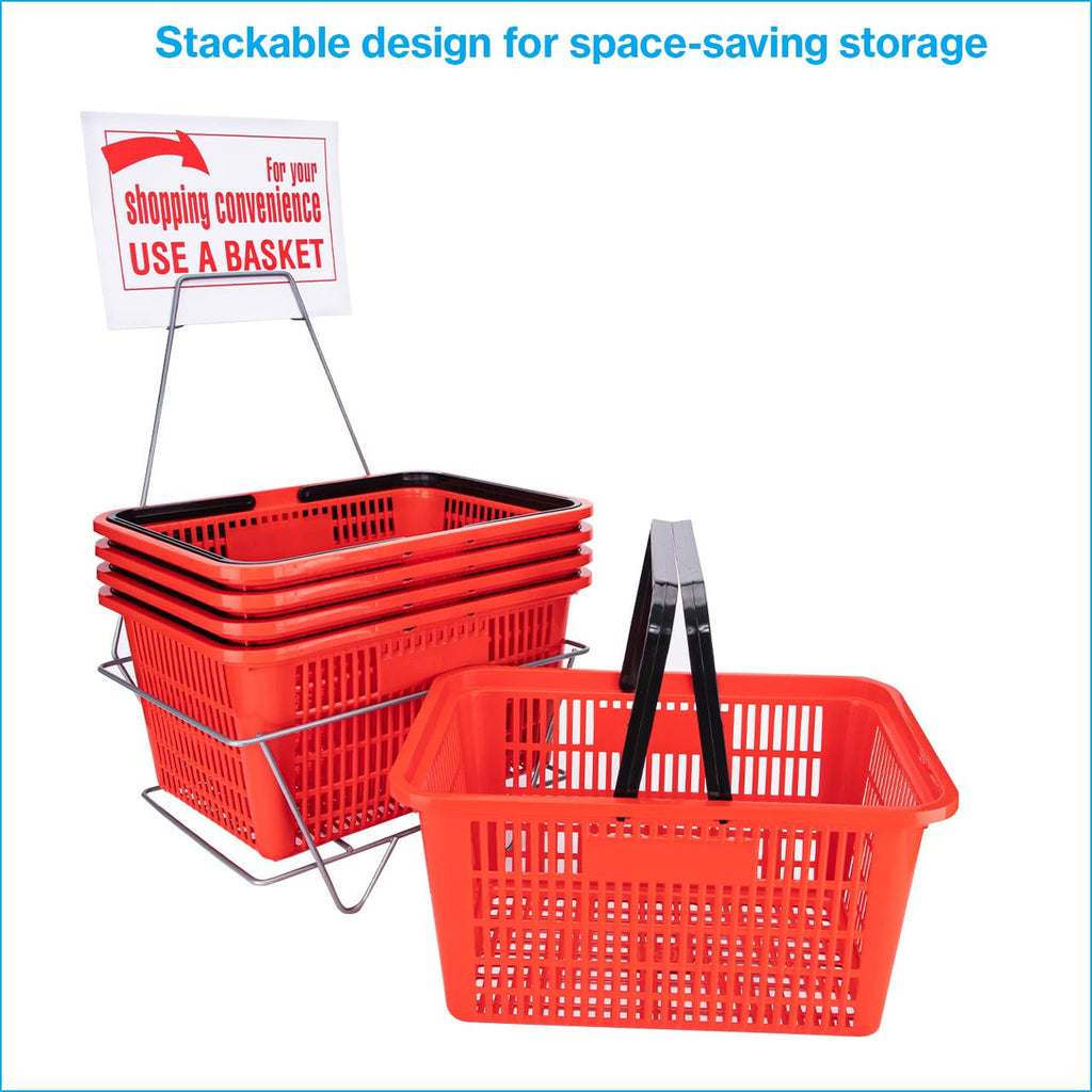Red Shopping Baskets With Stand - Set of 12 - Basket Dimension 8-1/2"H x 12"W x 17"L - Perfect for Retail, Thrift