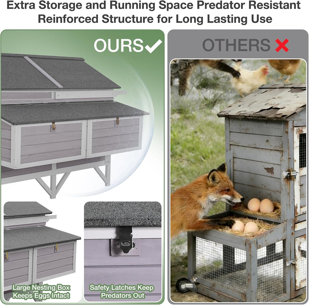 68" Chicken Coop for 8-12 Chickens with Large Wheels, Mobile Wooden Hen House with 4 Nesting Boxes, 4 Perches