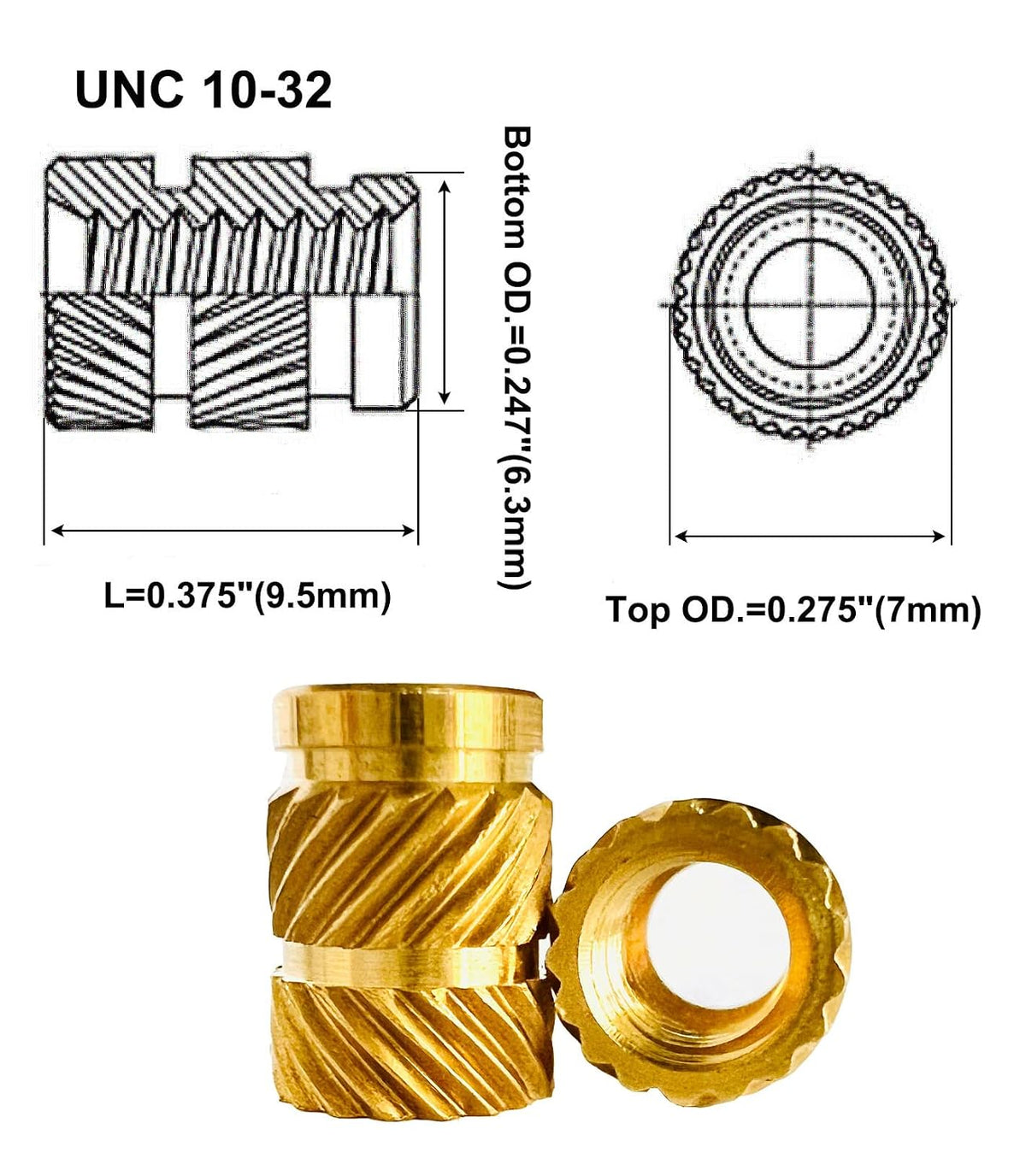 Threaded Heat Set Inserts Brass for 3D Printing Plastic Parts 10-32 Length 9.5mm 50PCS