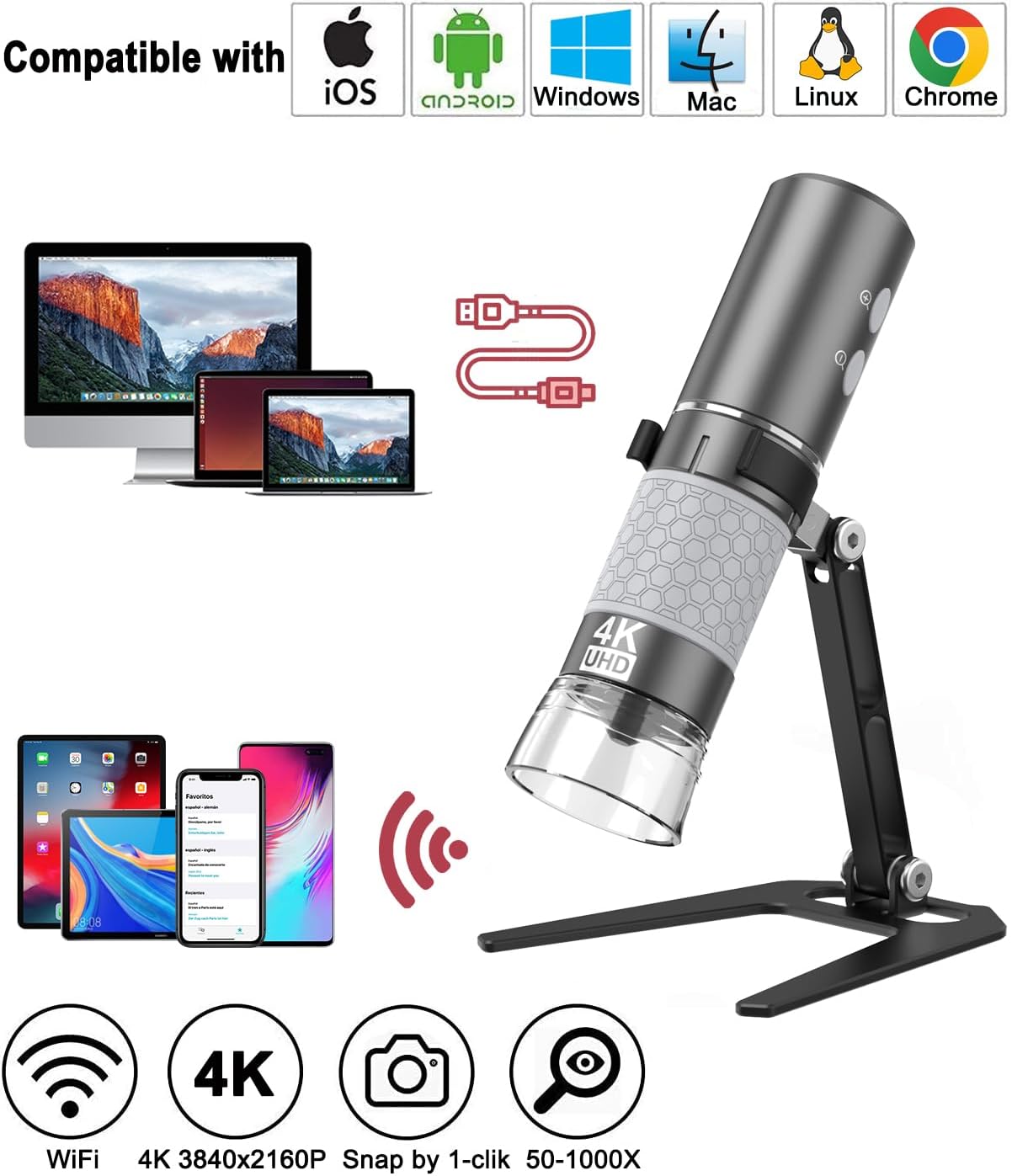 4K 50-1000x WiFi USB Digital Handheld Microscope with Metal Stand | 3840x2160P wireless/wired 8 LED endoscope camera