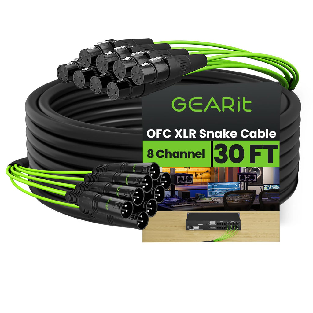 XLR Snake 8 Channel 30 ft, OFC Audio Snake Balanced Multicore Cable with Metal XLR Connectors & Numbered Channel