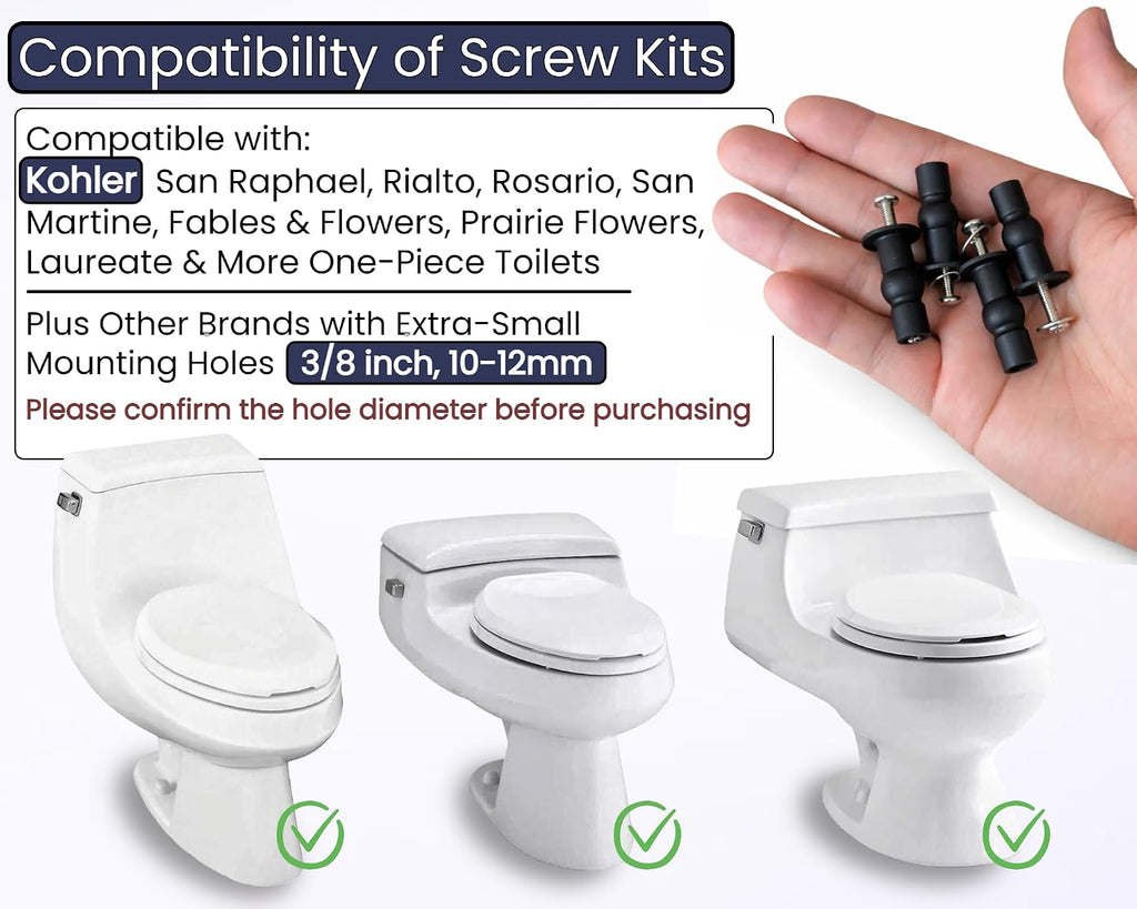 3/8" Dia Toilet Seat Screws Replacement Kit for Select Kohler One-Piece Toilet - Top Mount Hinges Toilet Bolts with Rubber Anchor Nuts, Compatible with Kohler Toilet Seat Parts K-84999 & K-85040-4PC