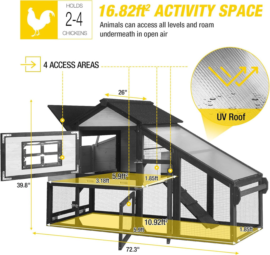 Mobile Chicken Coop with Wheels for 2-4 Chickens, Backyard Expandable Chicken House Duck Cage with Run, 2 Nesting