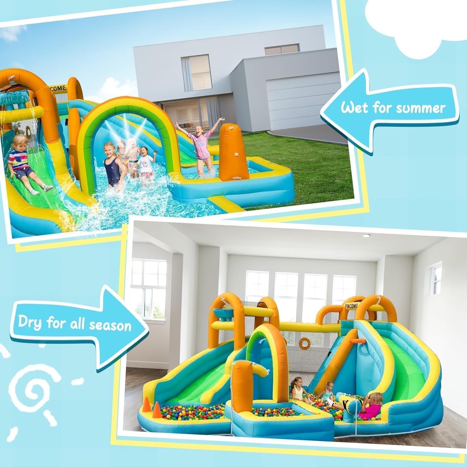 Inflatable Water Slide, Bounce House with 2 Slide for Kids, Inflatable Waterslide Park with Splash Pool, Basketball