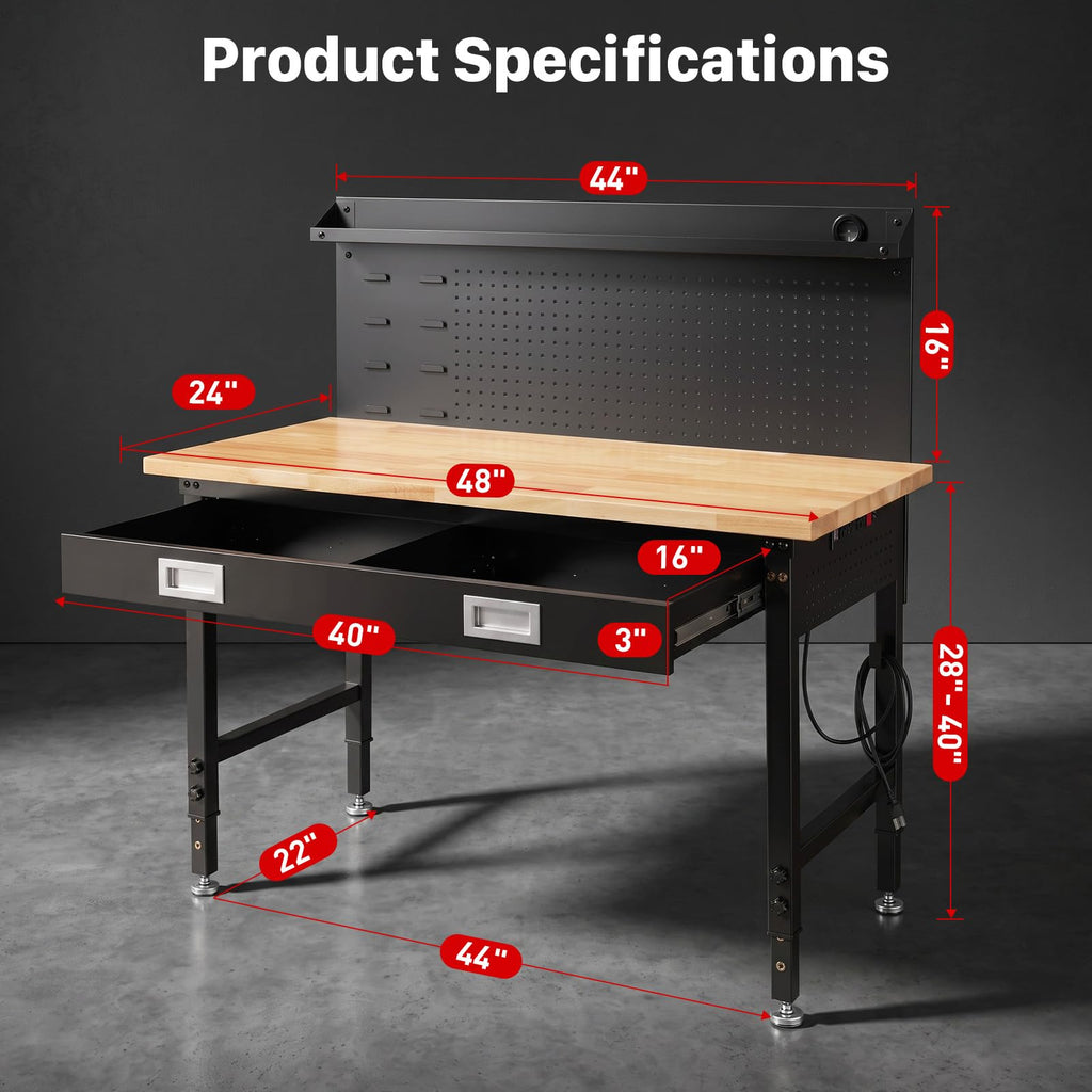 48" Workbench with Drawers, Work Benches for Garage with Strip Light, Adjustable Work Table with Large Pegboard, 2000