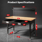 48" Workbench with Drawers, Work Benches for Garage with Strip Light, Adjustable Work Table with Large Pegboard, 2000
