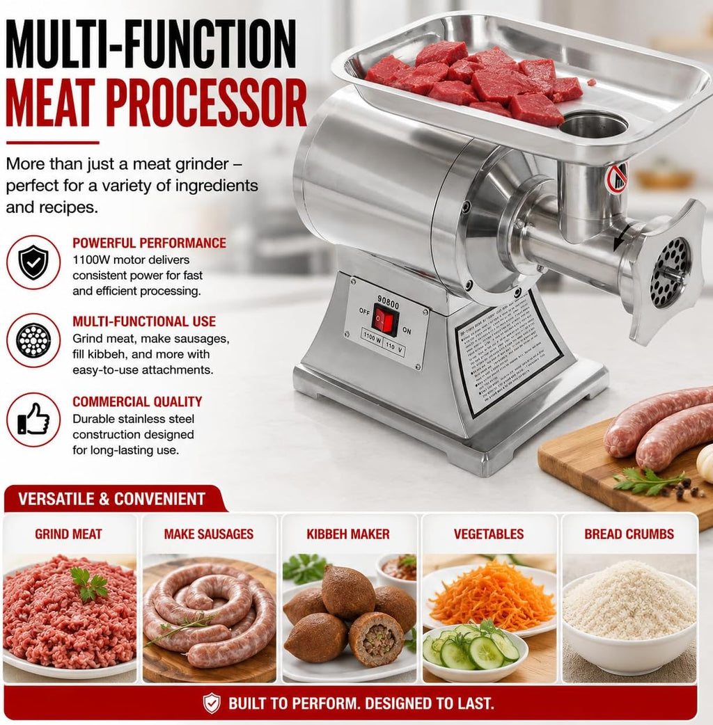Commercial #12 Electric Meat Grinder, 1100W Stainless Steel Meat Mincer & Sausage Stuffer with Stainless Steel