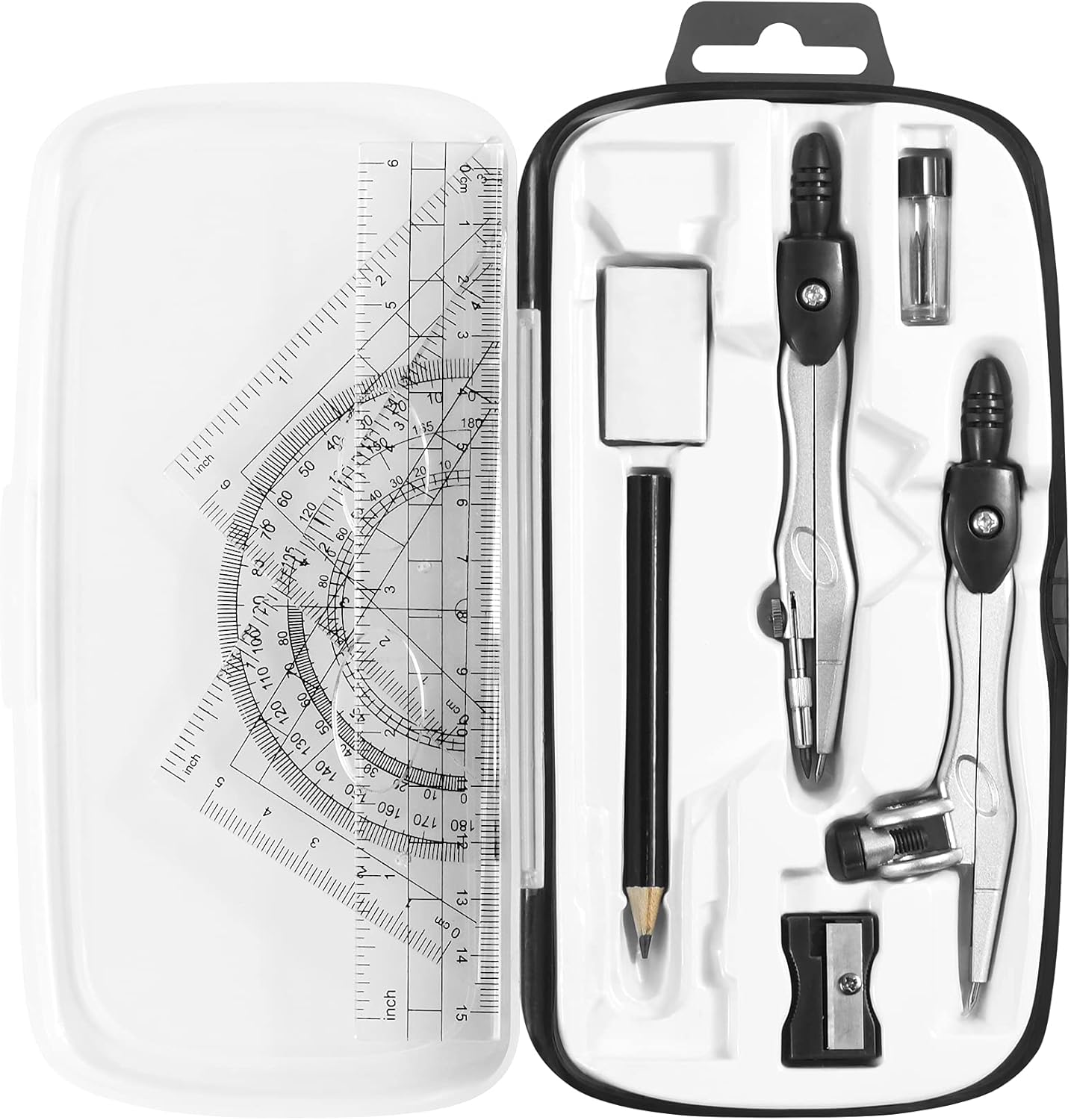 Math Geometry Kit Sets 10 Piece Student Supplies, Compass Set, Black | Shatterproof Storage