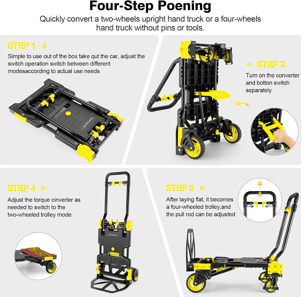 Folding Hand Truck Dolly, 330lb Convertible 4 to 2 Wheel Moving Cart,Yellow | Dolly Cart with Retractable, Aluminum