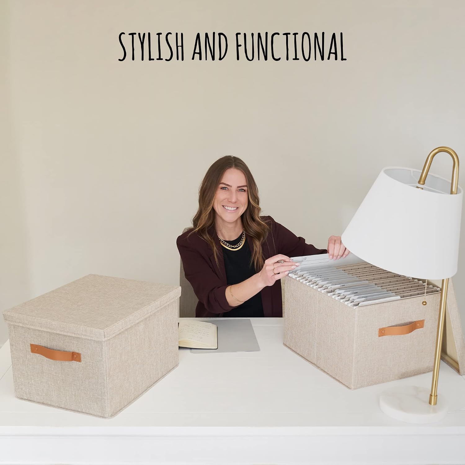 Decorative File Organizer Box Set of 2 - Collapsible Linen Filing Cabinets with Handles Are Perfect to Store All Your