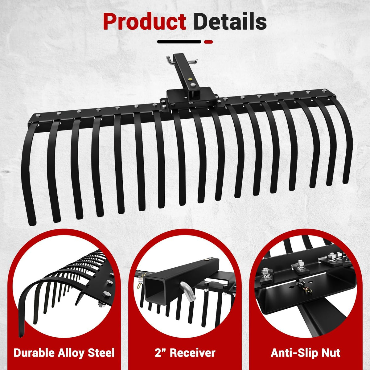 48 Inch Tow Behind Landscape Rake, Black Durable Tractor Rake with 2 Inch Receiver Fit for Lawn Tractor ATV UTV, All