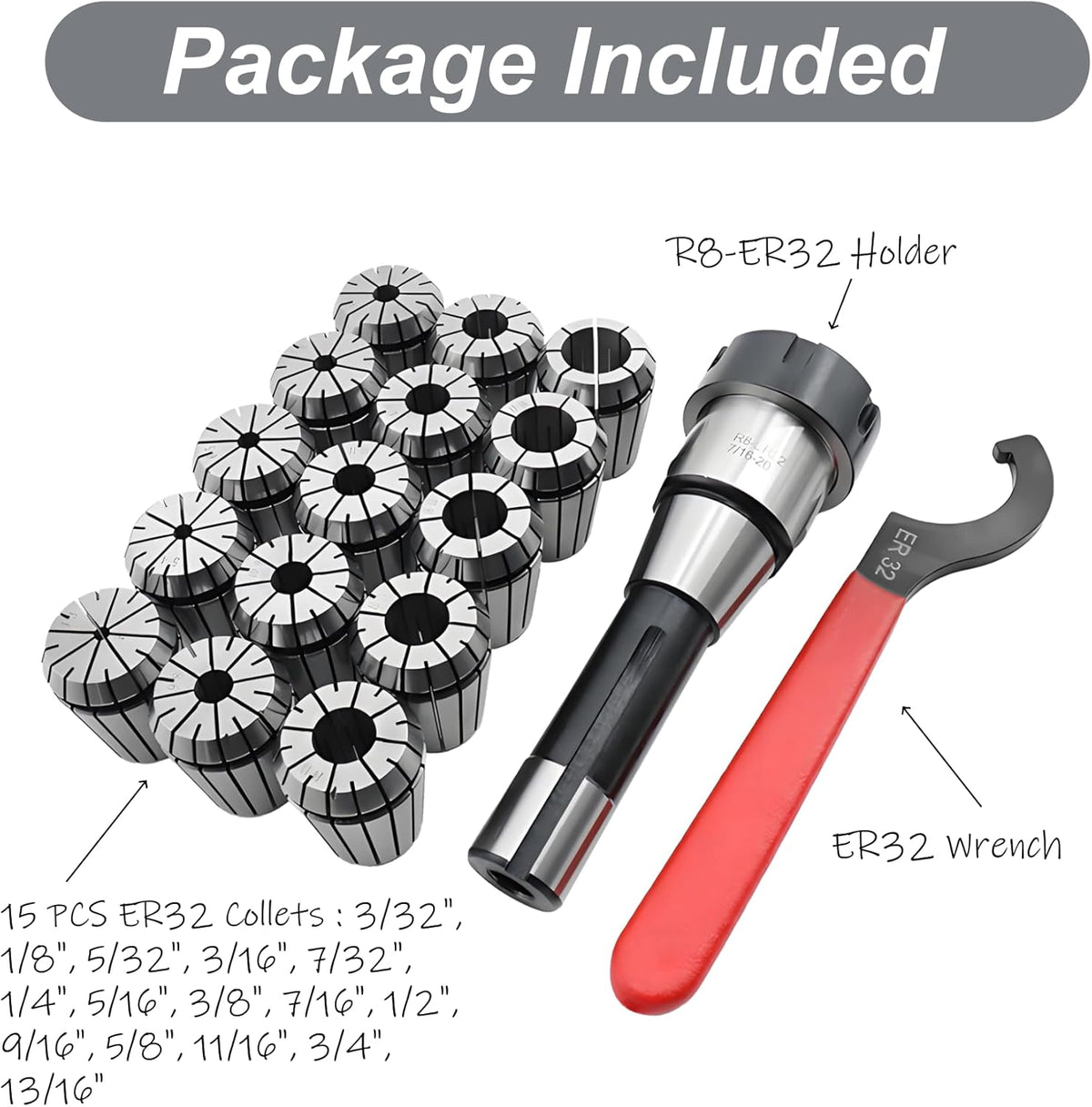 R8 ER32 Collet Holder Set 17 PCS for CNC Milling & Engraving