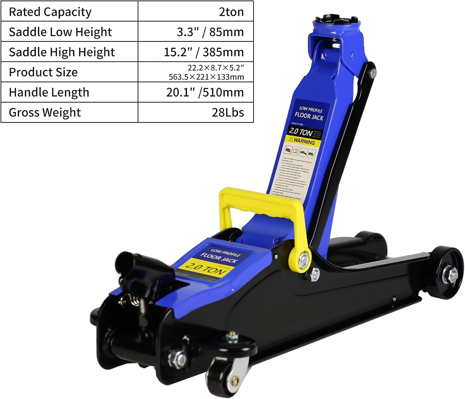 Black+Blue 2 Ton Low Profile Steel Racing Floor Jack with Quick Lift Pump - 2t Jack Stand Tire Repair Kit - Lifting