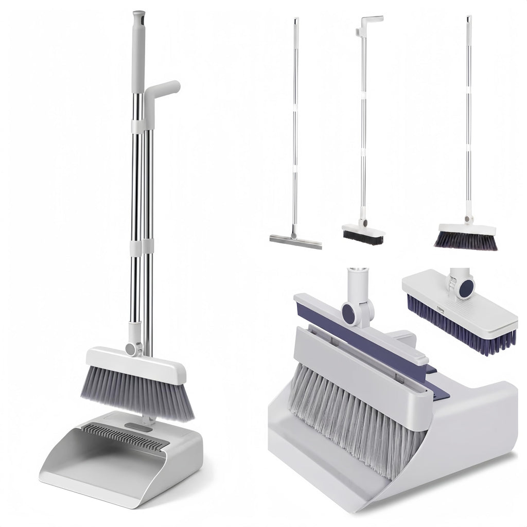4-in-1 Broom and Dustpan Set, Long Handle Broom with Built-in Squeegee