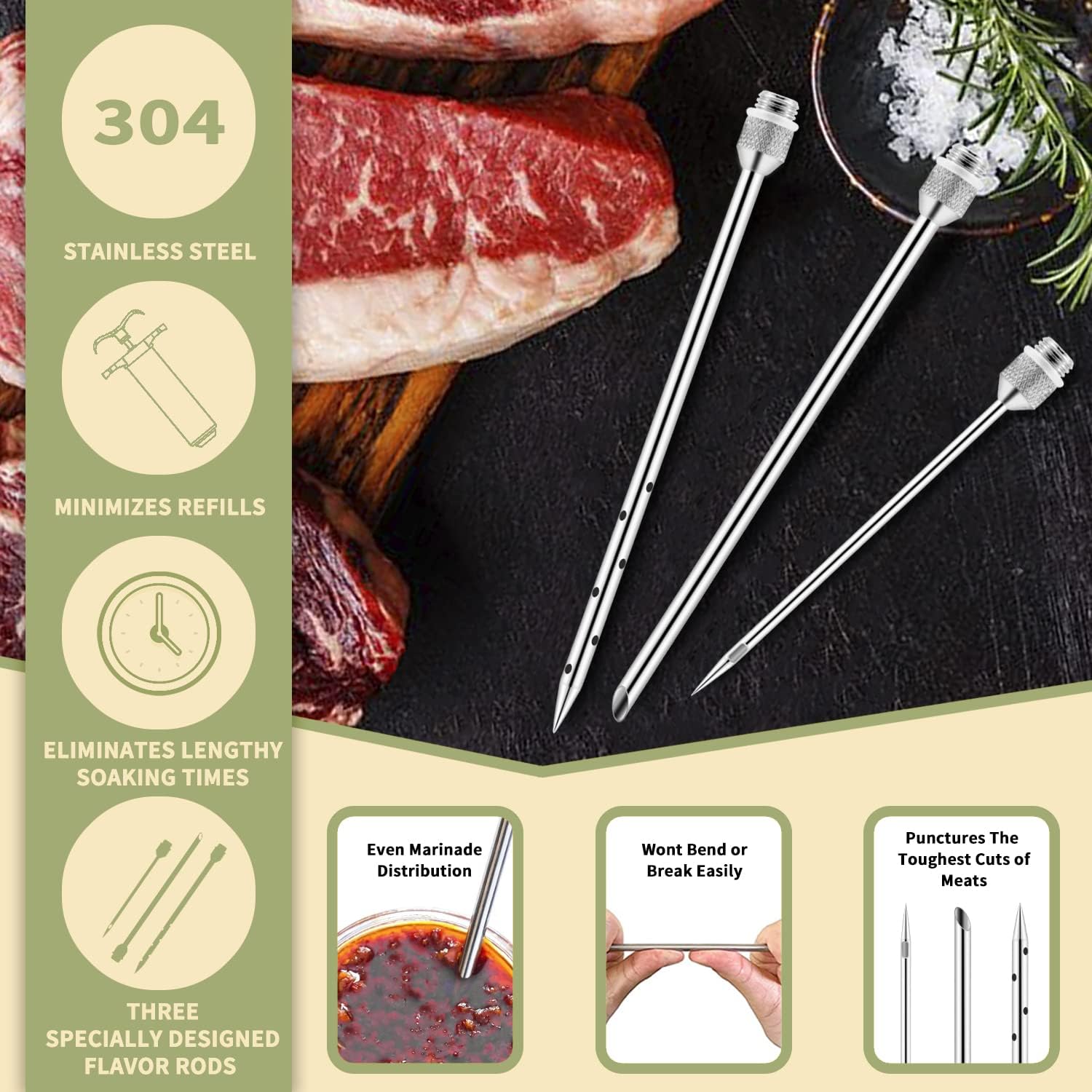 Meat Injector Syringe 2-oz Marinade Flavor Barrel 304 Stainless Steel