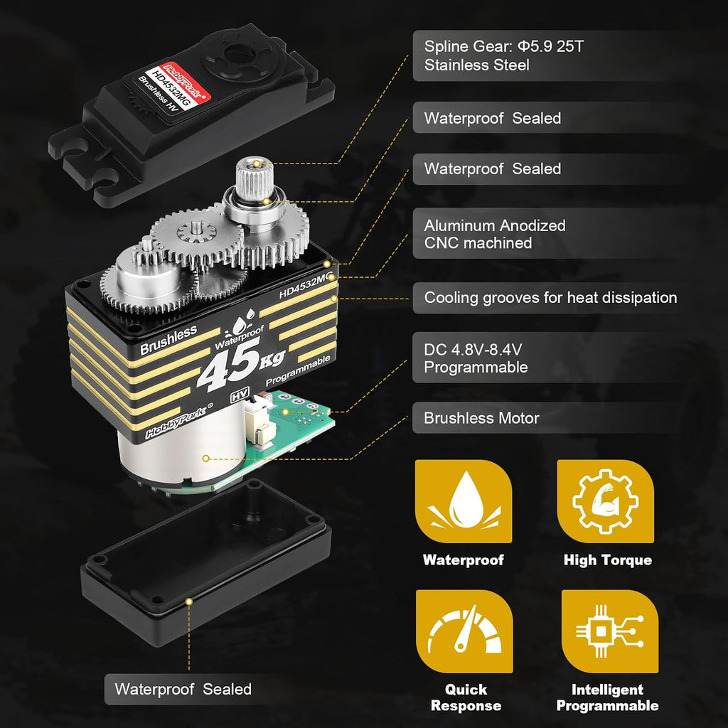 Waterproof 45KG High Torque Servo Motor 8.4V HV RC Servo Brushless Metal Gear Digital Servo with 25T Servo Horn for