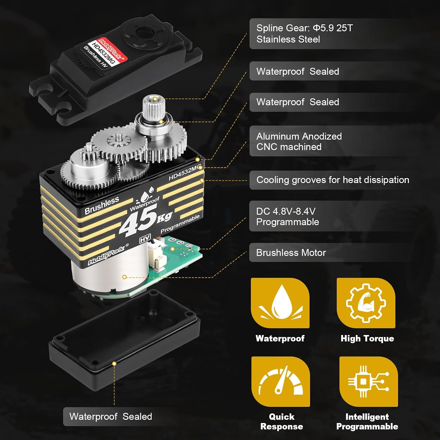 Waterproof 45KG High Torque Servo Motor 8.4V HV RC Servo Brushless Metal Gear Digital Servo with 25T Servo Horn for