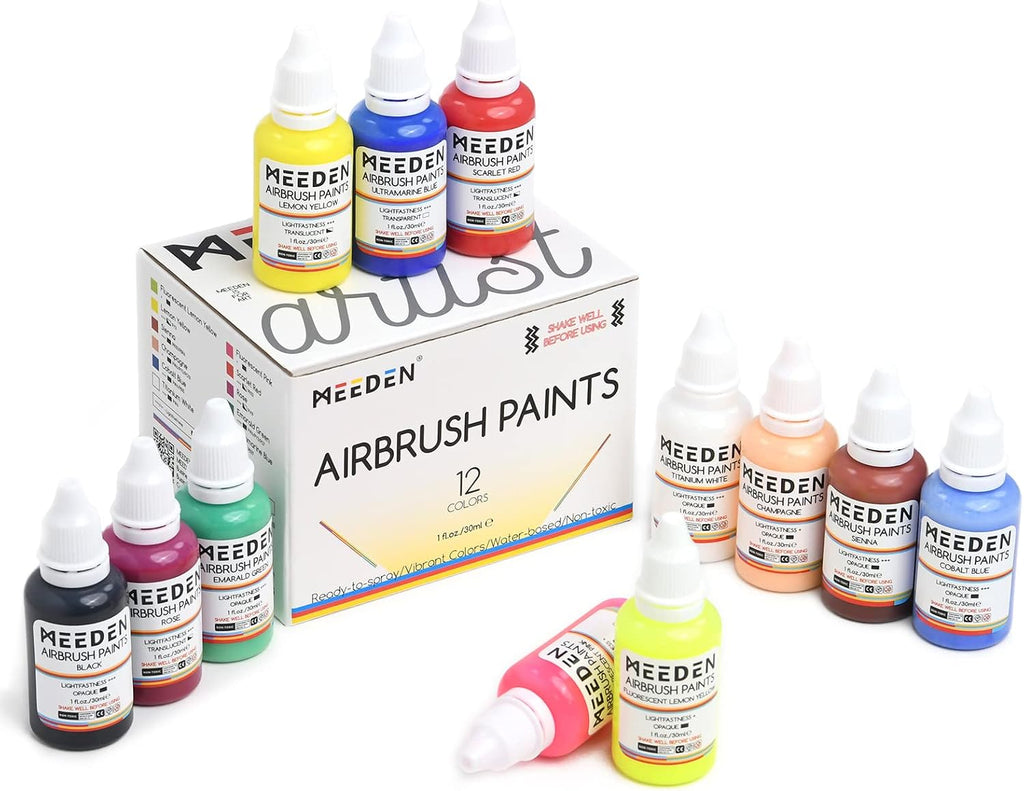 Airbrush Kit with Air Compressor: 12 Colors Acrylic Paint, White | Dual-action airbrush with 0.5mm nozzle and