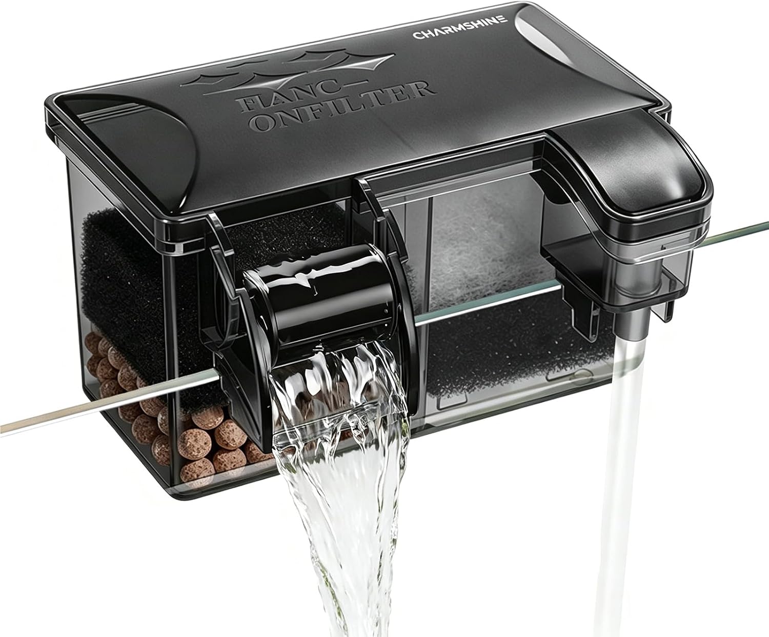 Hang-on-Back Aquarium Filter Box with Reusable Filter Media, Waterfall Oxygenation, Fits High & Low Water Level, for
