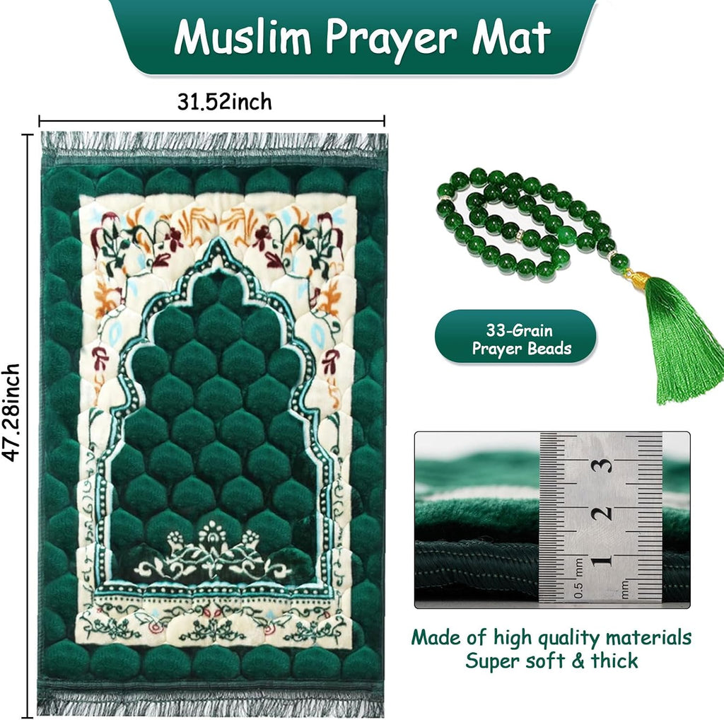 Premium Prayer Mat with Tasbih Prayer Beads-Large Soft Non-Slip Muslim Prayer Rug,Elegant Green Design for