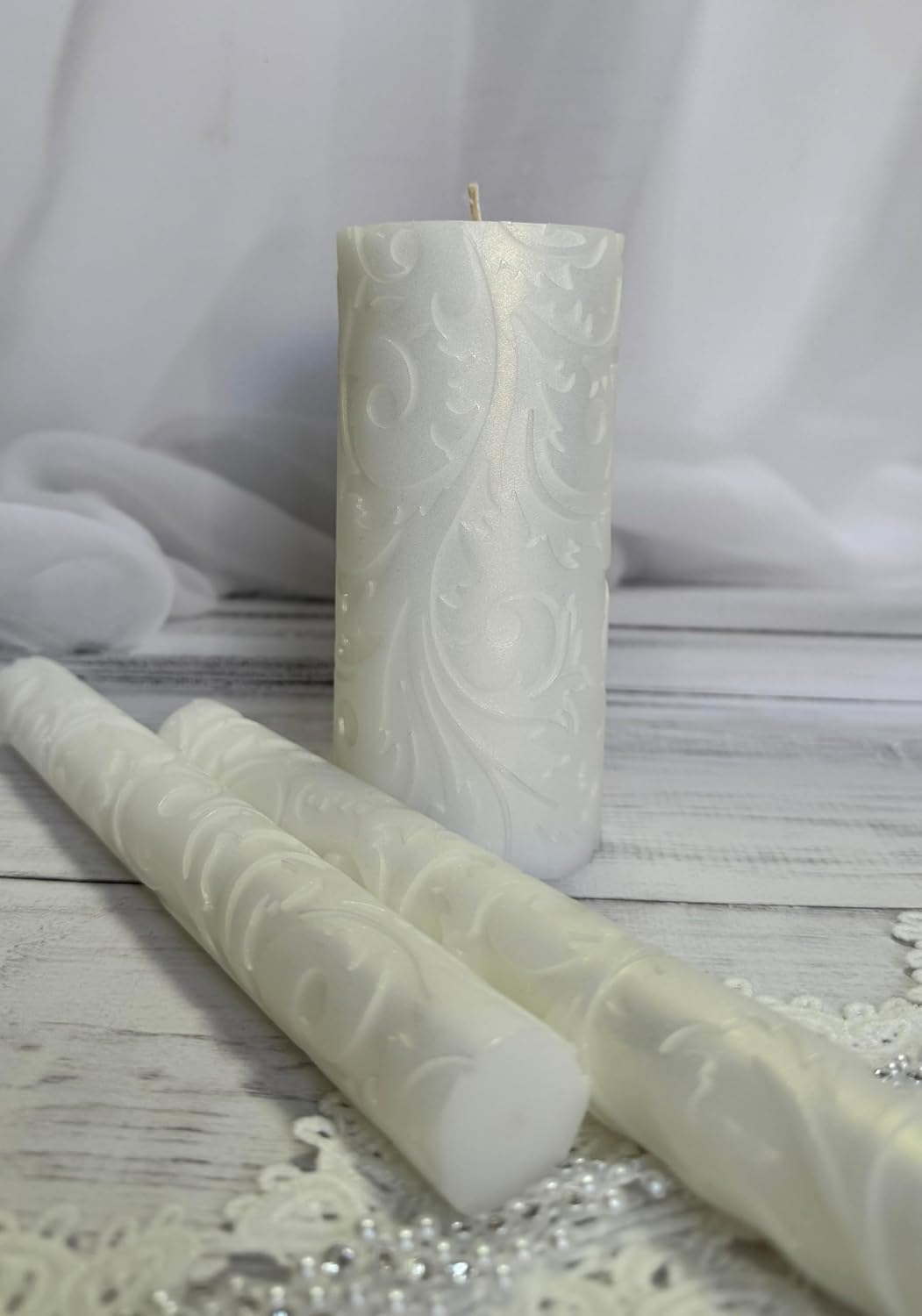 Ivory Baroque Unity Candle Set for Wedding Ceremony & Reception, Embossed White Handmade Wedding Candles, Unscented