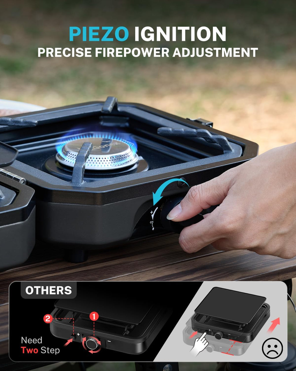2 Burner Propane Camping Stove with Griddle & Grates, Portable Foldable Cooking Stove with Total 16,000 BTU, Two