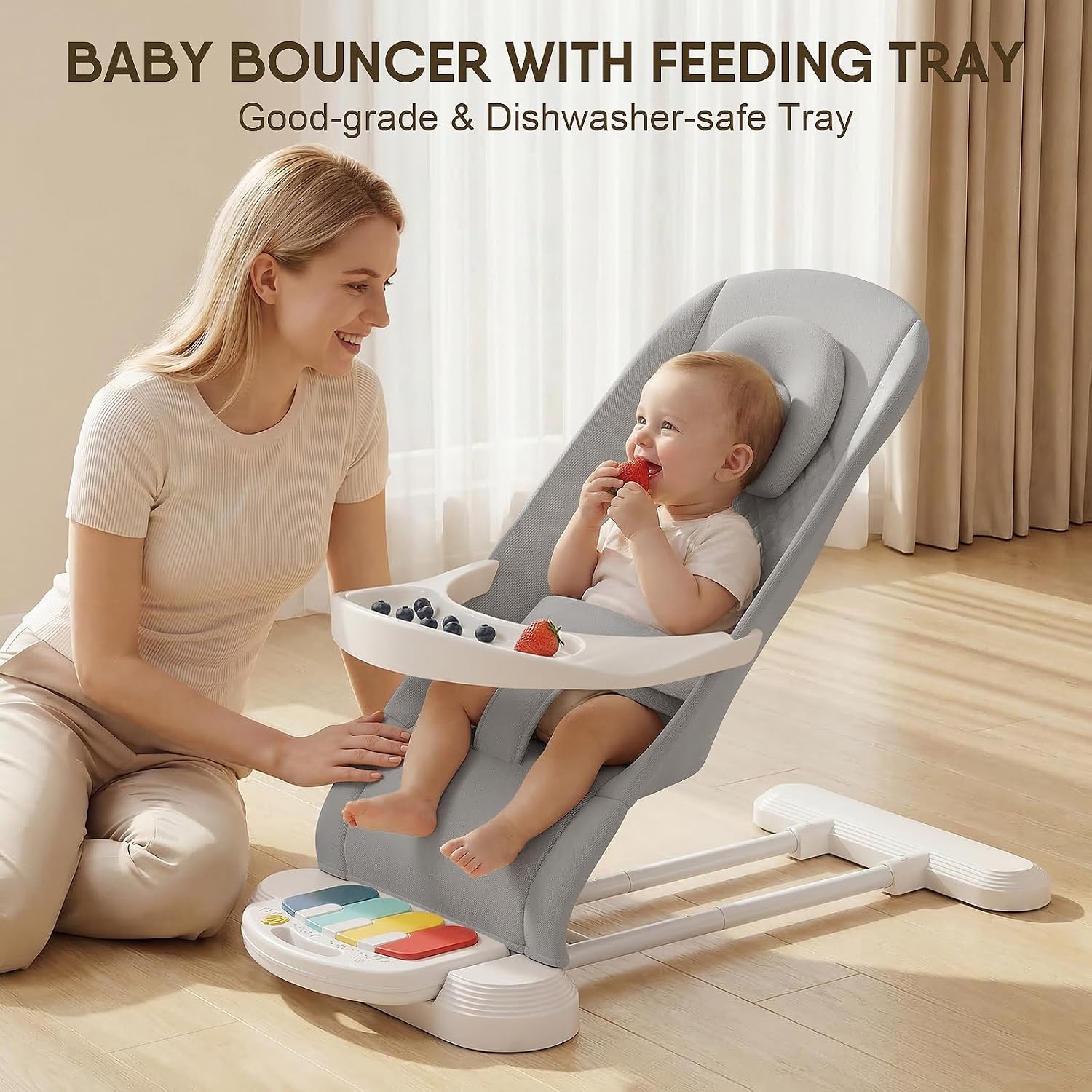 Baby Bouncer, Easy to Assemble Baby Bouncer Seat with Feeding Tray | 3 Adjustable Positions, Detachable Piano &