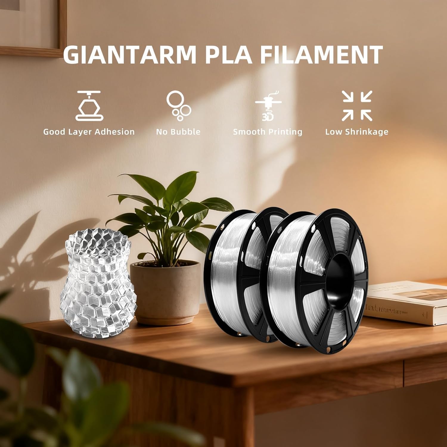 Clear PLA Filament, 1.75mm Transparent PLA 1kg Spool (2.2lbs), 3D Printer Filament with Vacuum Packaging