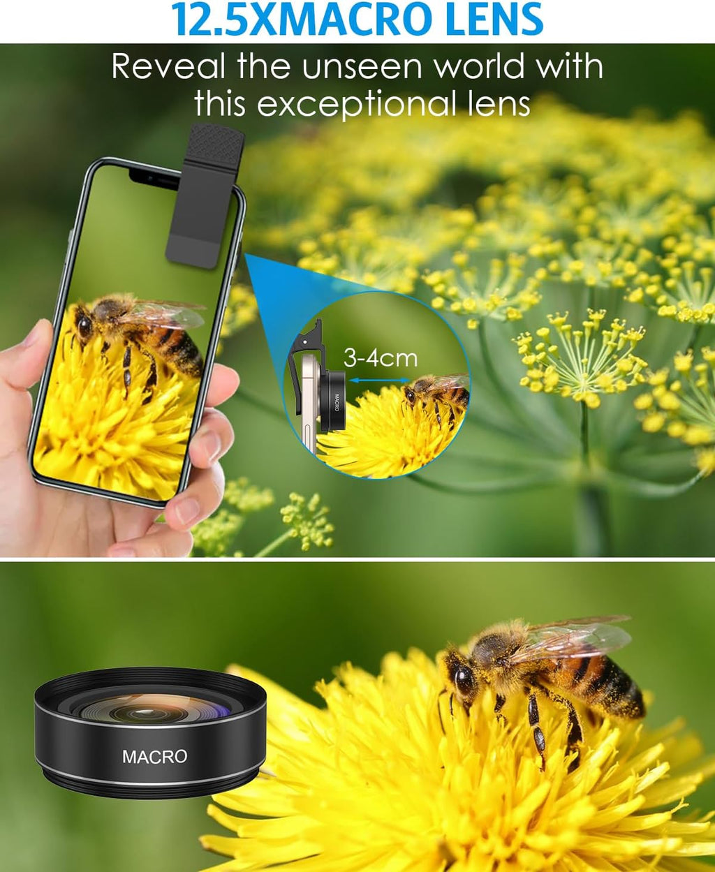 Phone Camera Lens, 0.45X Wide Angle & 12.5X Macro Lens, 2-in-1 Clip-On | 140° Super Wide Angle, HD Optical Glass