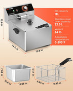 Commercial Deep Fryer - 11L Electric Deep Fryer, Stainless Steel Countertop Deep Fryer with Extra Large Basket & Lid