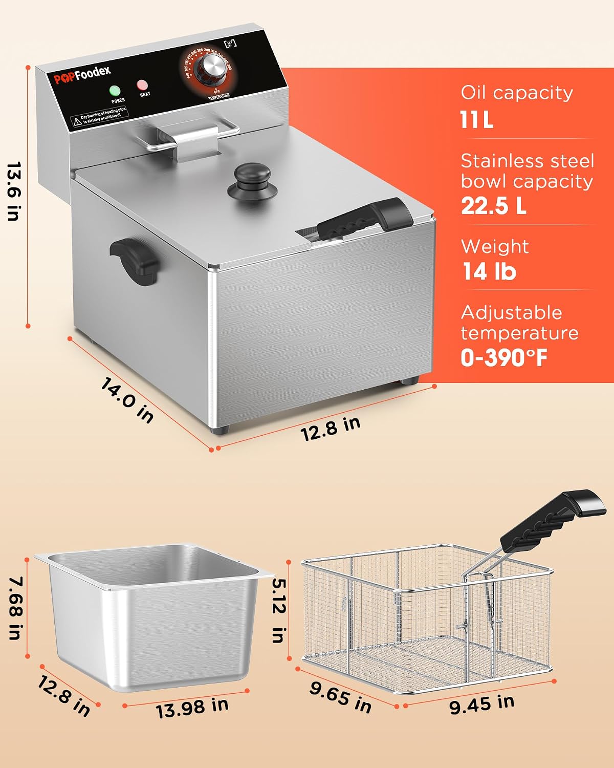 Commercial Deep Fryer - 11L Electric Deep Fryer, Stainless Steel Countertop Deep Fryer with Extra Large Basket & Lid