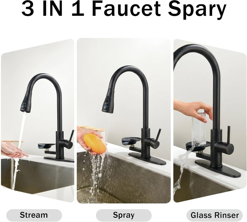 Pull Down Kitchen Faucet with Glass Rinser & Temp Display, Matte Black