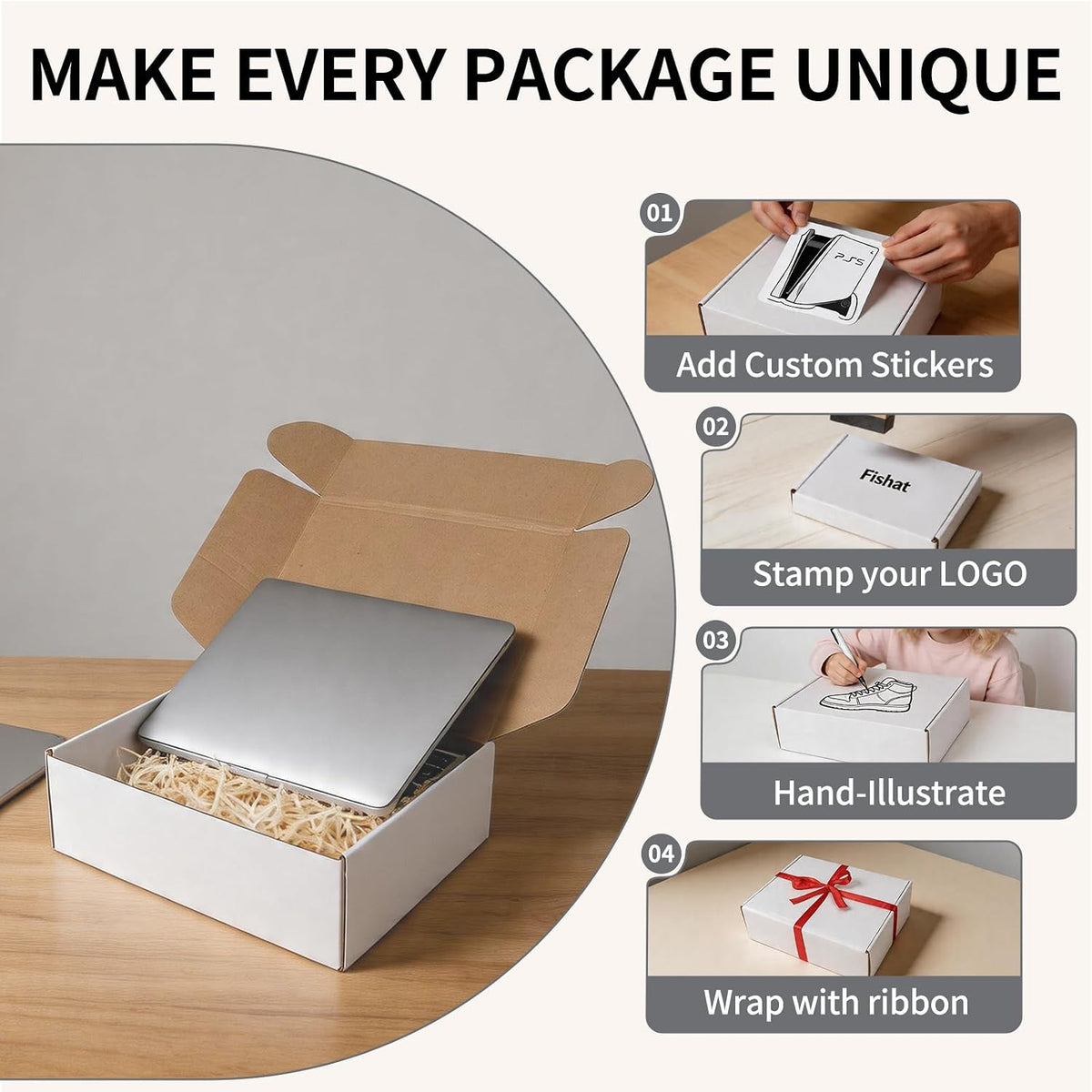 13" x 10" x 4" White Corrugated Cardboard Shipping Boxes Set of 5