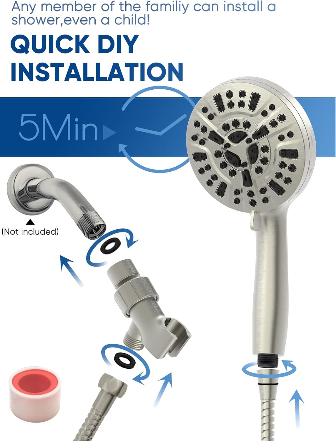 High Pressure Handheld Shower Head with Filter, 10 Spray Modes, Classic Nickel