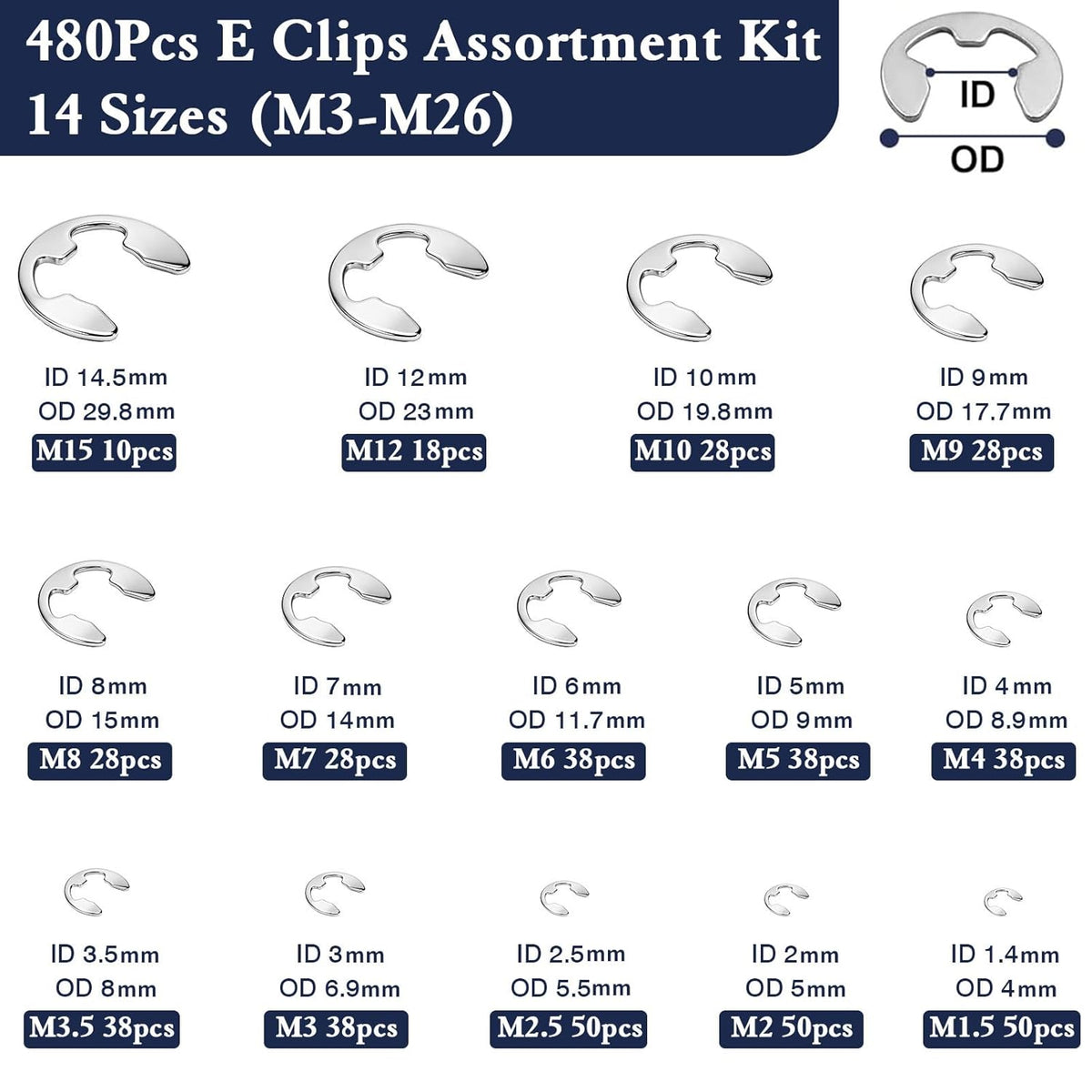 ZQZ E Clips Assortment Kit (M1.5-M15), 480 Pcs External Retaining Rings Set