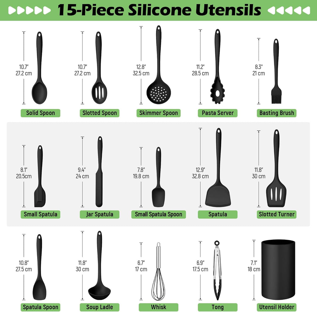 Silicone Cooking Utensil Set, 15pcs Kitchen Utensils with Holder for Nonstick Cookware, Heat Resistant Nontoxic