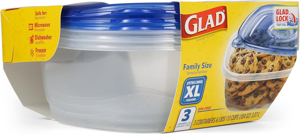 GladWare XL Square Food Storage Containers with Lock Tight Lids, BPA-Free Family Size Plastic Containers for