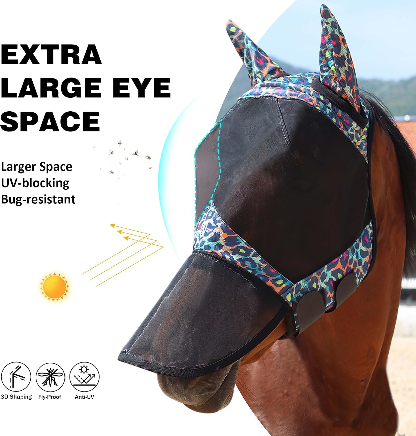Pro LumiVista Horse Full Face Fly Mask Large Eye Space Long Nose with Ears UV Protection for Horse Iridescent Prints L