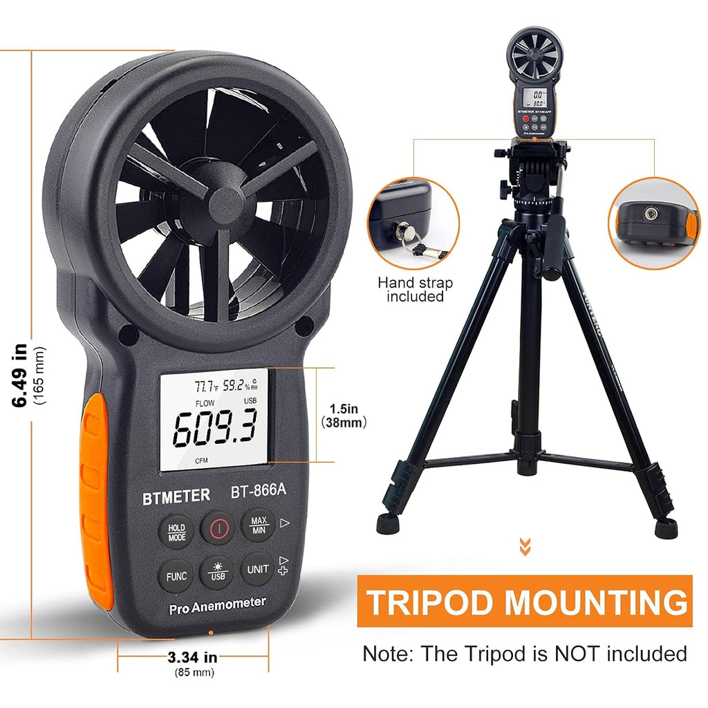 BTMETER 866A Pro Handheld HVAC Anemometer CFM Air Flow Meter(Wet Bulb Temp)