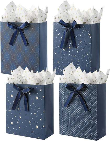 4 Pack 9" Medium Size Gift Bags Assorted Premium Blue Gift Bags with Tissue Paper Use for Birthdays, Baby