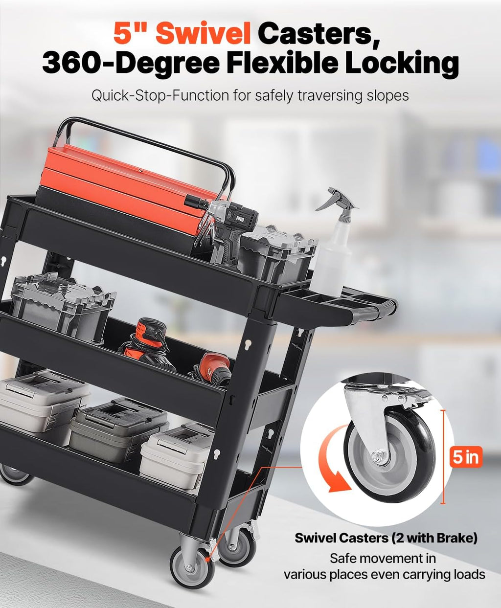 Utility Cart, 3-Tier Plastic Service Cart with 550LBS Capacity, 360° Swivel Casters (Including 2 Locking Wheels)
