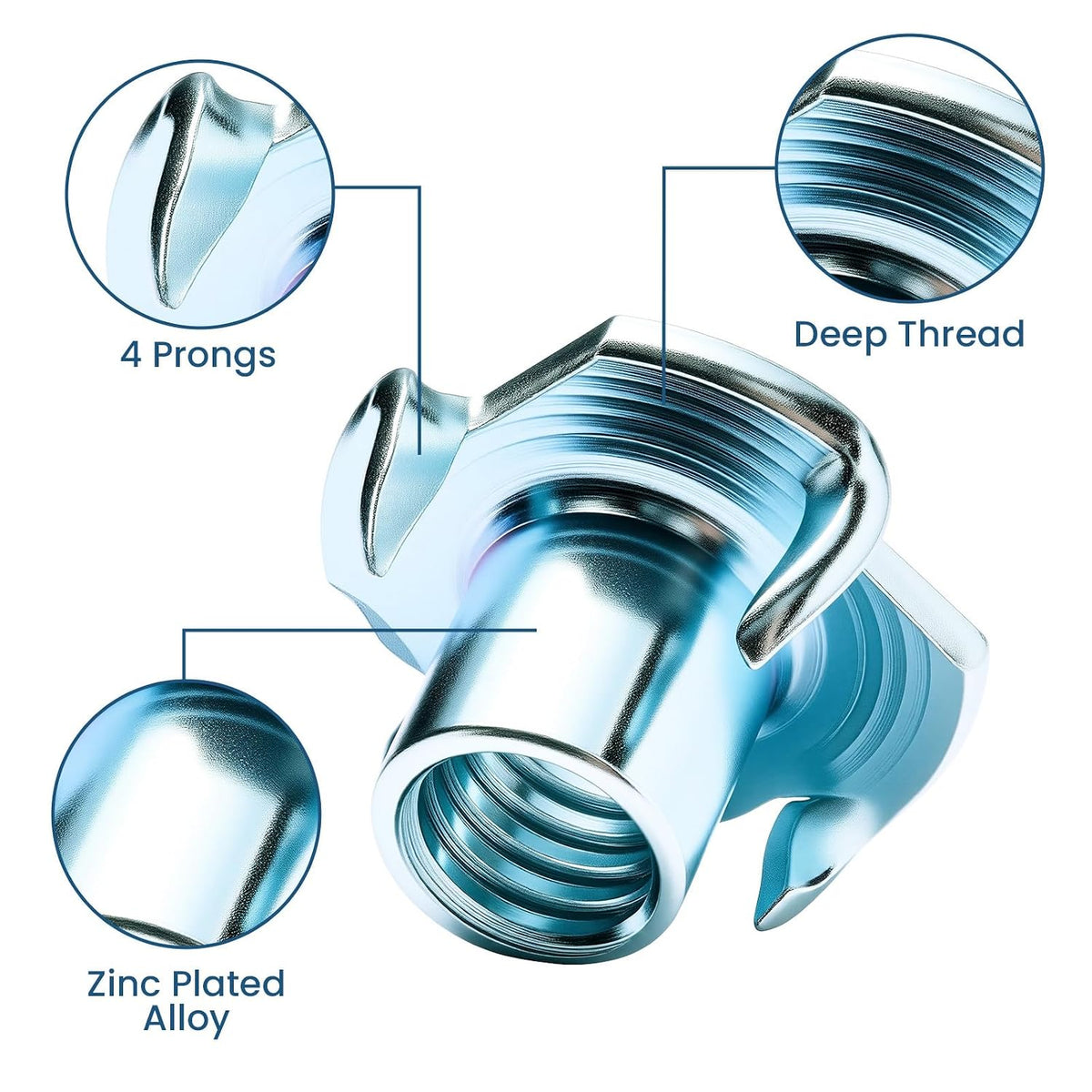 70Pcs Zinc Plated T-Nuts, 1/4"-20 Carbon Steel 4-Pronged Tee Nut