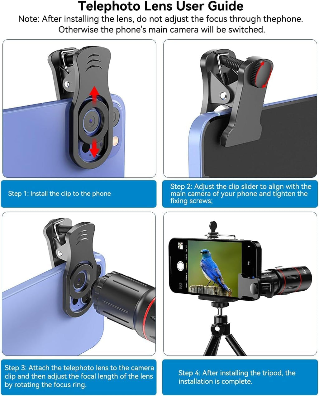 4 in 1 Phone Photography Kit, 18X Telephoto Lens, 198° Fisheye Lens, 15X Macro Lens, 0.63X Wide Angle Lens, Set with