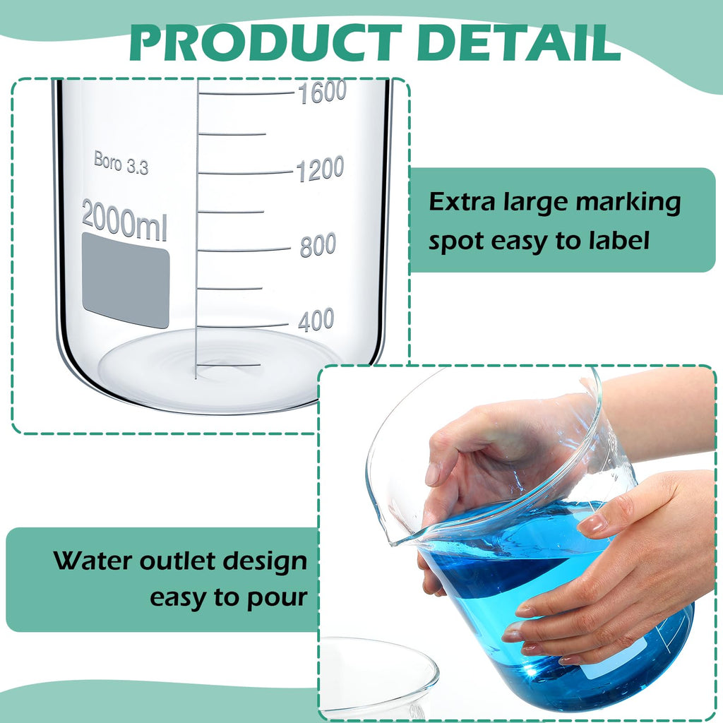 2 Pcs 2000ml Beaker 3.3 Borosilicate Glass Beakers Lab Beakers