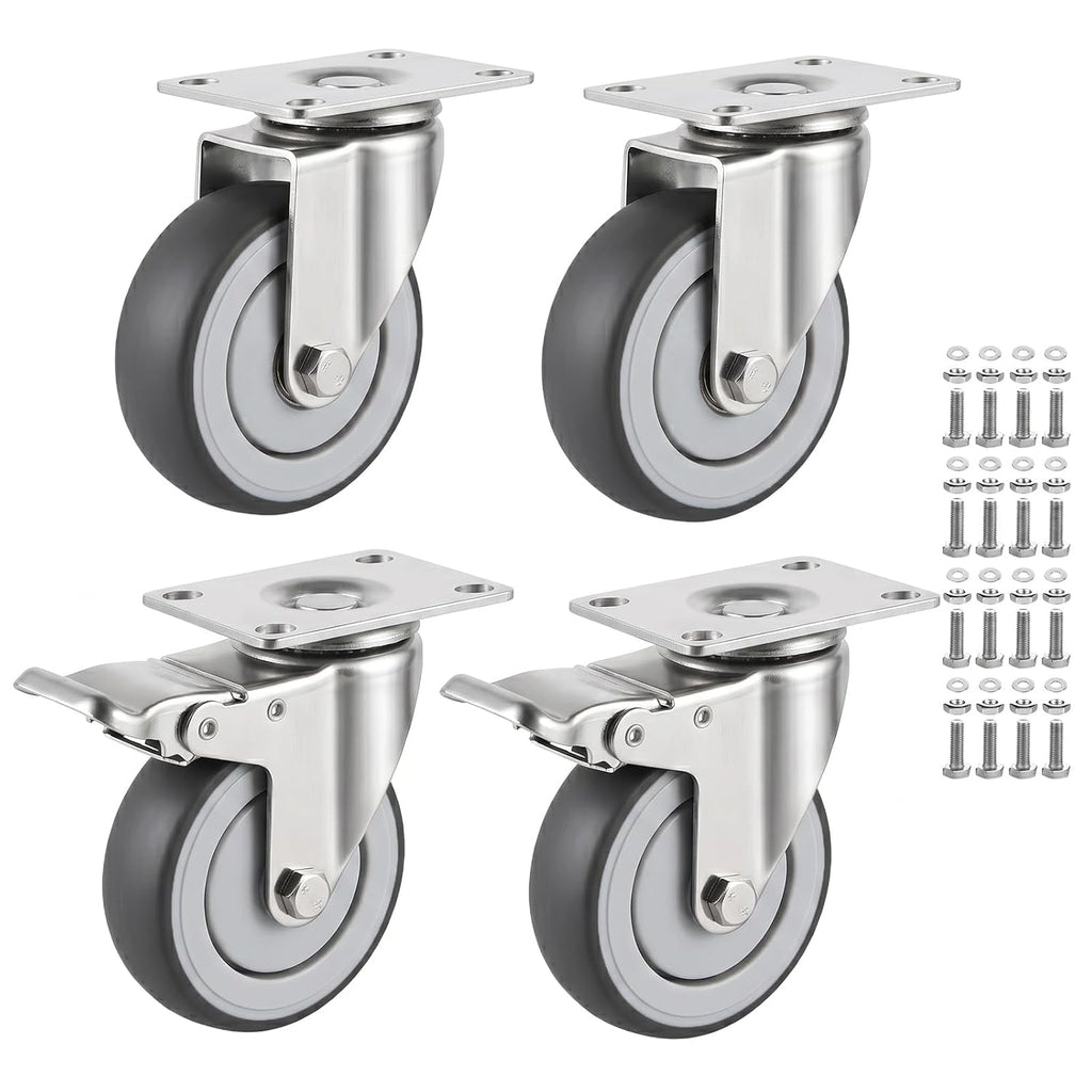 4 Inch Caster Wheels Set of 4 Heavy Duty Swivel Casters Includes Mounting Hardware 1320 Lbs Load Capacity Quiet TPE